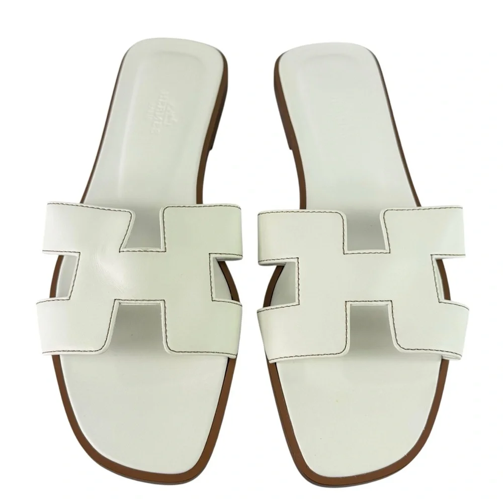 HERMES Oran White Leather H Women's Sandals Made in Italy Marked as 39 - 9US - Picture 1 of 12